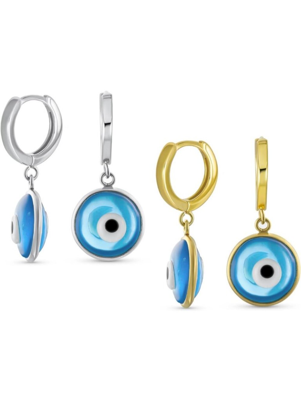 Gold Plated Blue Evil Eye Huggie Drop Earrings Set - .925 Sterling Silver